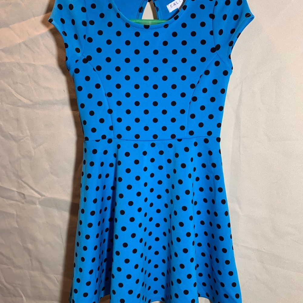 Cute Retro style dress by Sally M. Blue with black polka dots.